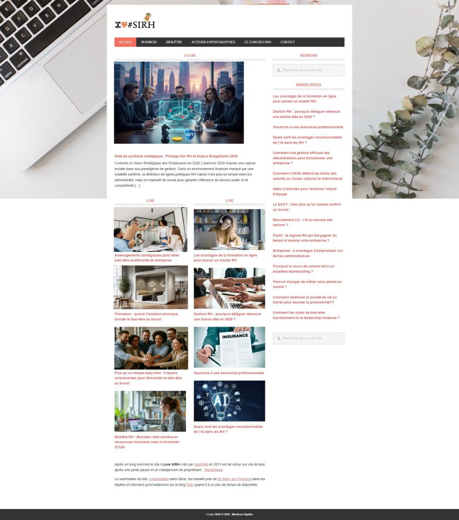 Ancienne version du blog I Love SIRH avant la refonte de 2026
L'ancienne version du site, avant la refonte : une mise en page de blog plus classique.